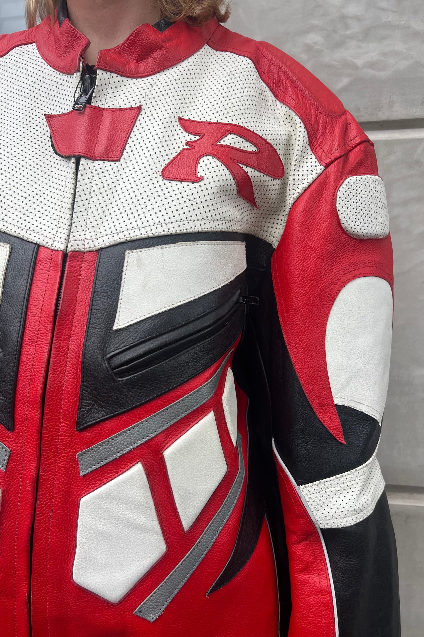 Vintage White, Black & Red R Motor Jacket -