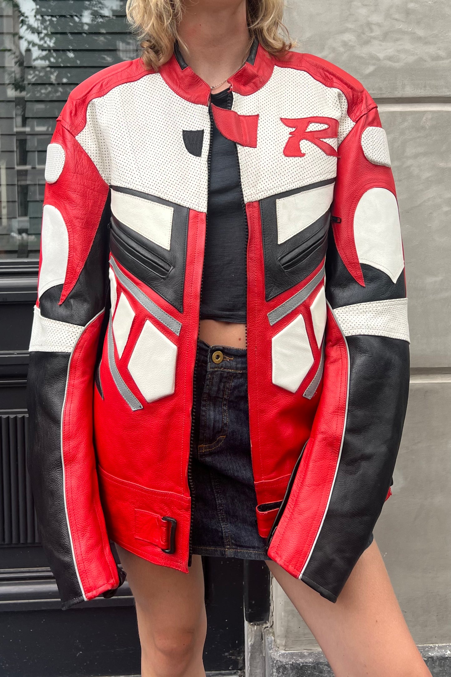 Vintage White, Black & Red R Motor Jacket -