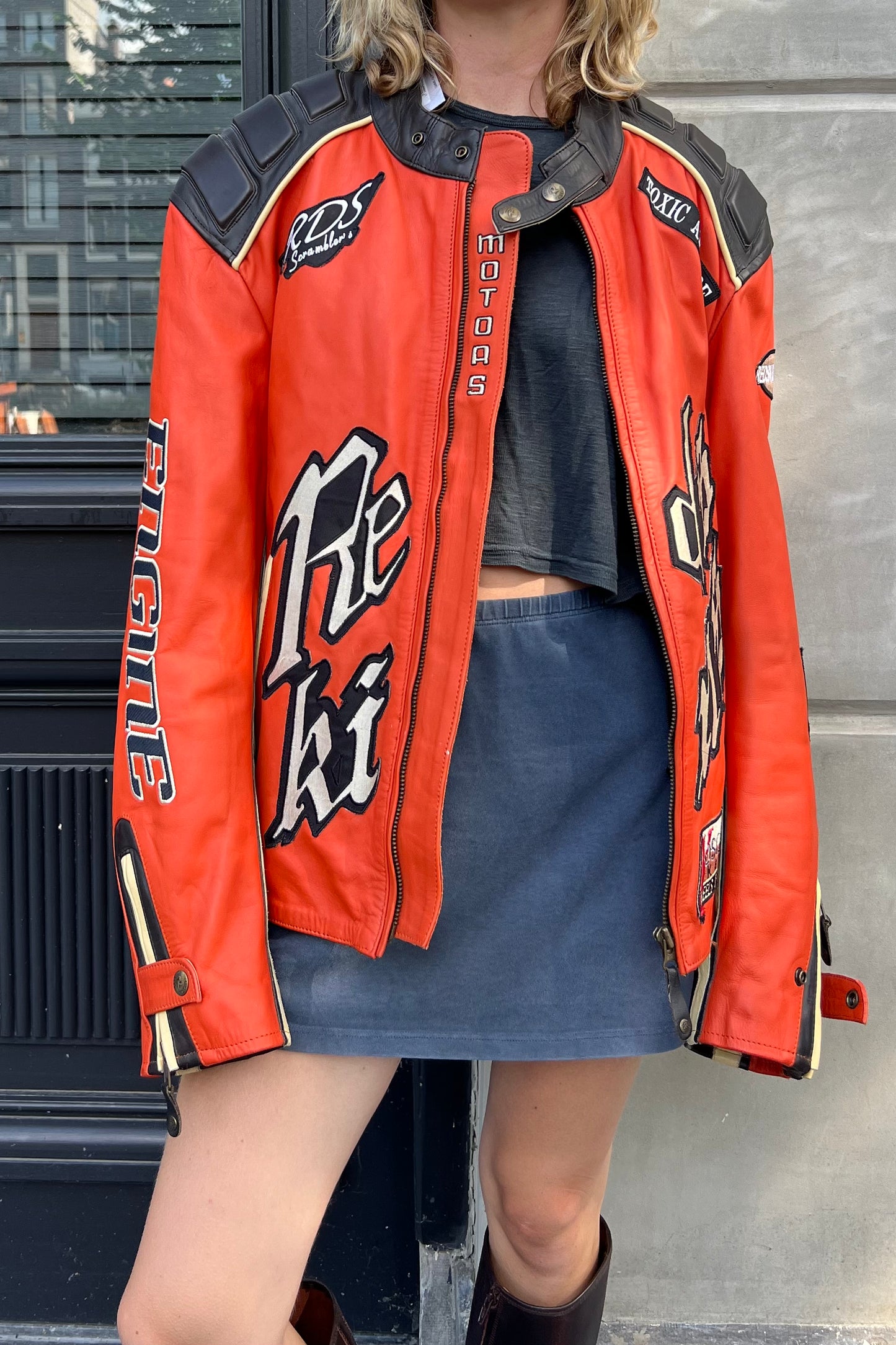 Vintage Redskins Orange Leather Biker Jacket -