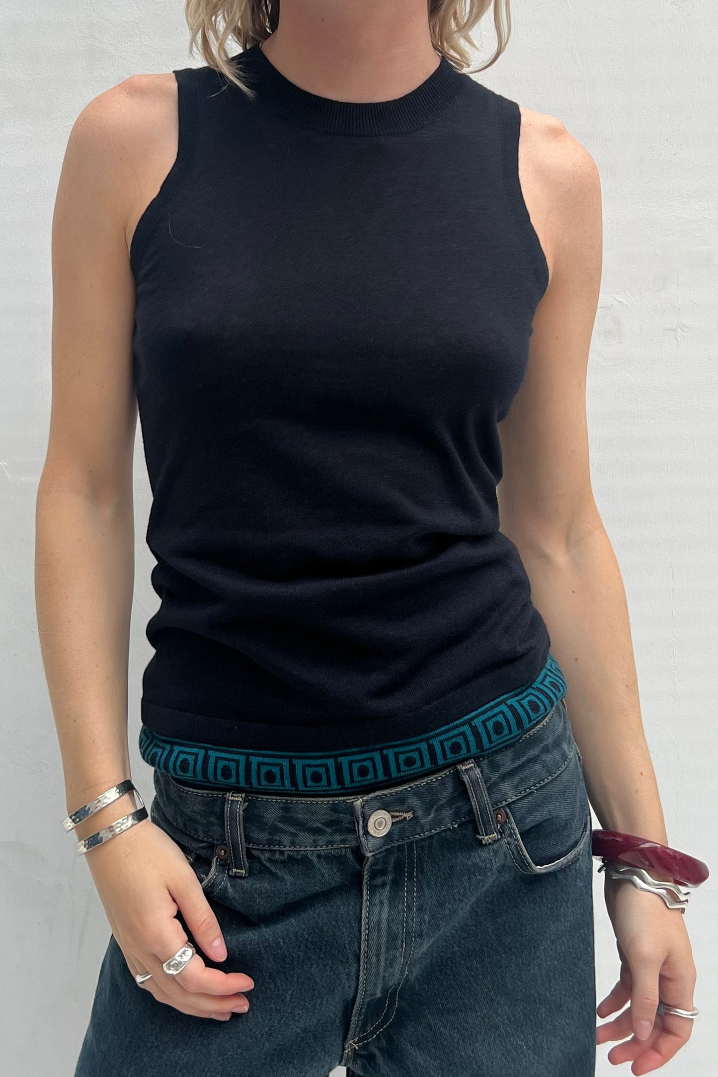 Vintage Cashmere Black & Blue Detail Top