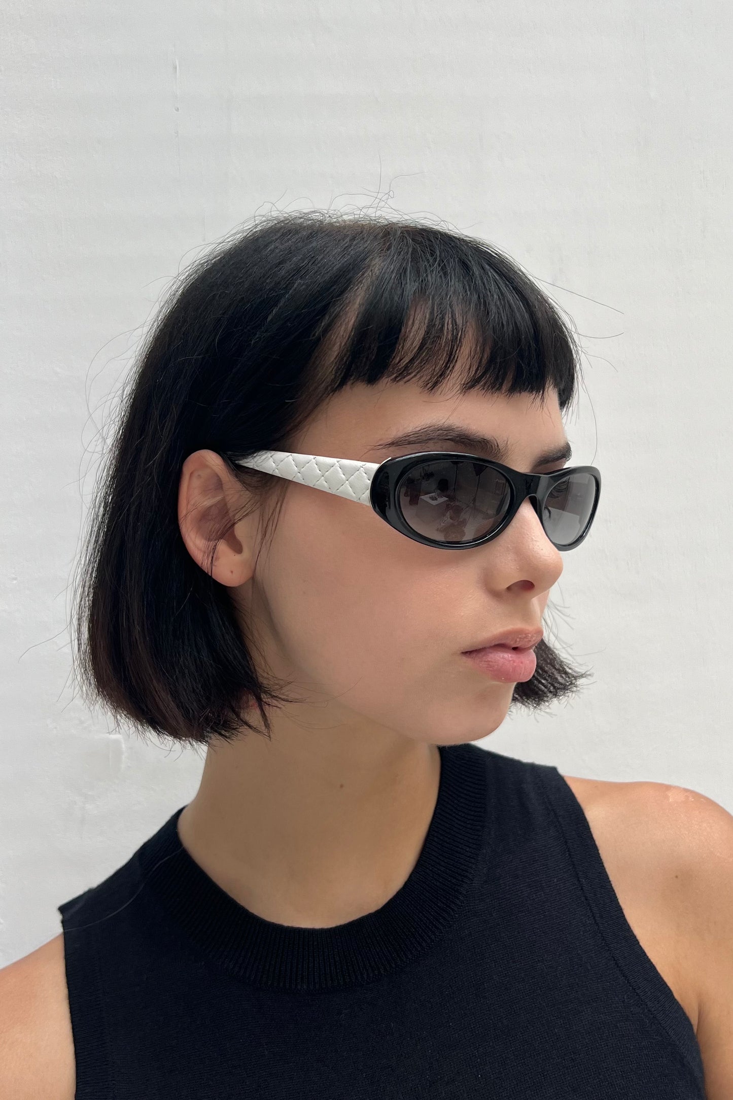 Vintage Black Oval Leather White Arms Sunglasses