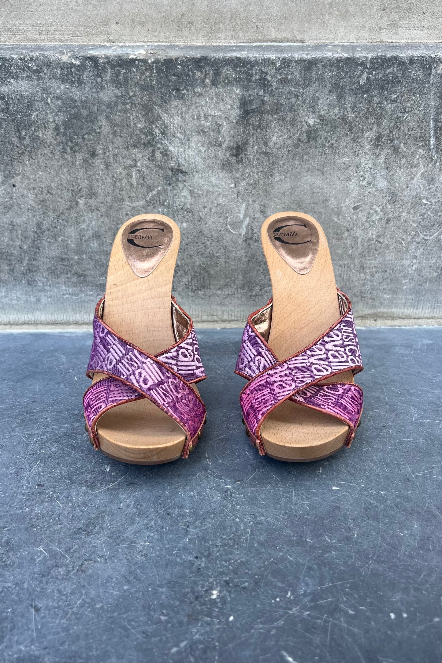 Vintage Purple Spell-Out Wooden Heels 36