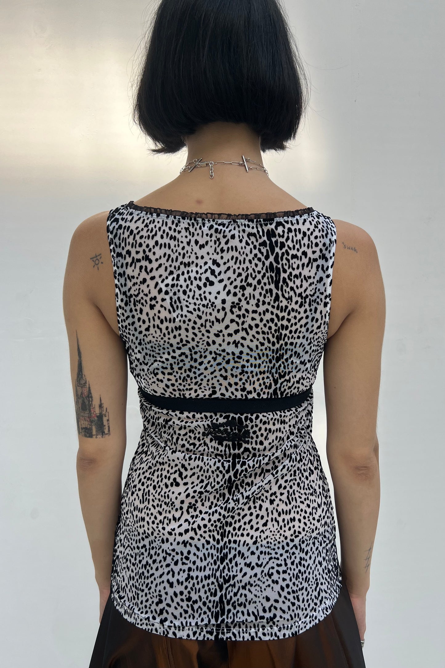 Vintage Black & White Flock Printed Mesh Top