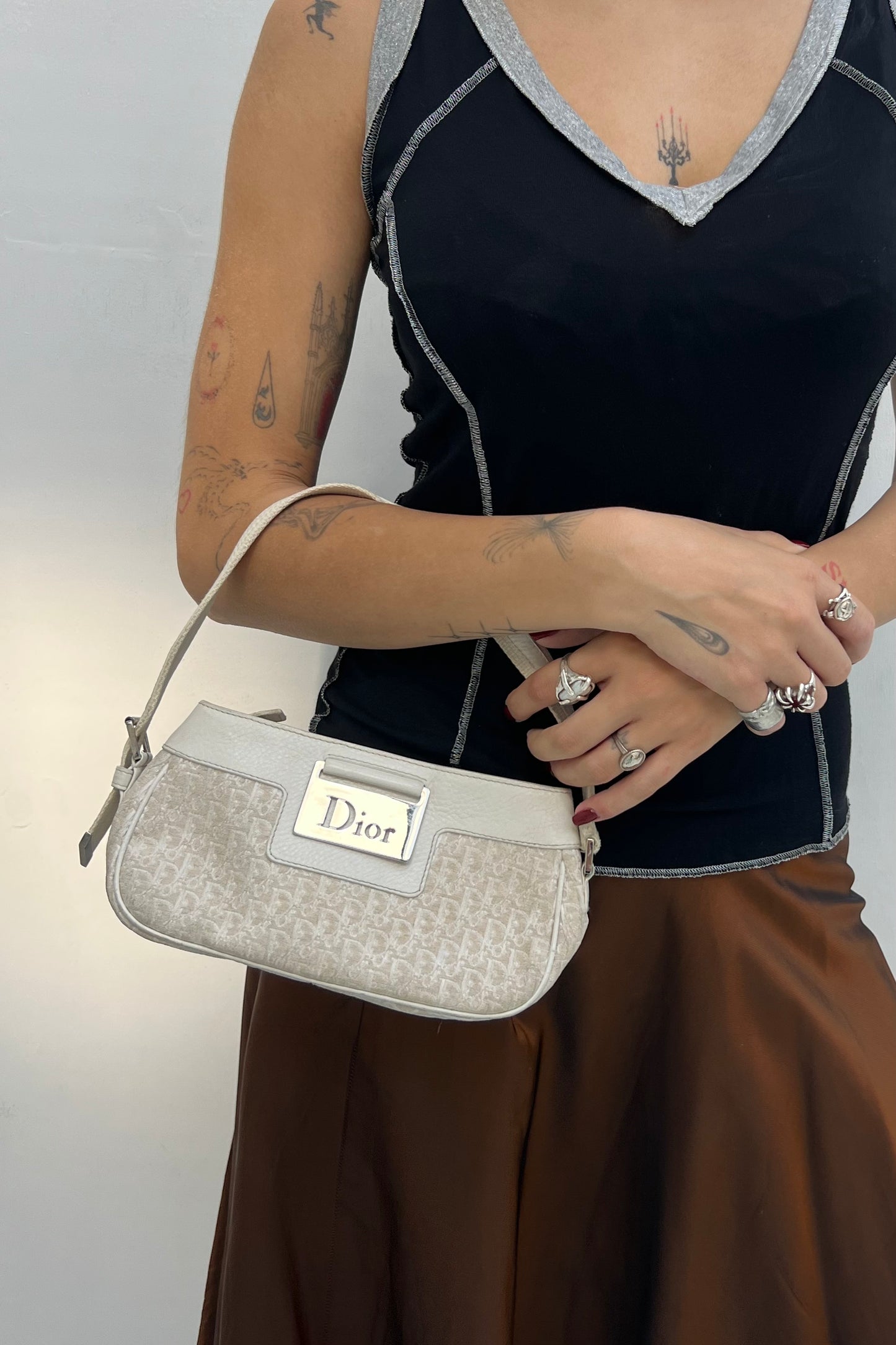 Vintage Cream & Silver Logo Mini Shoulder Bag