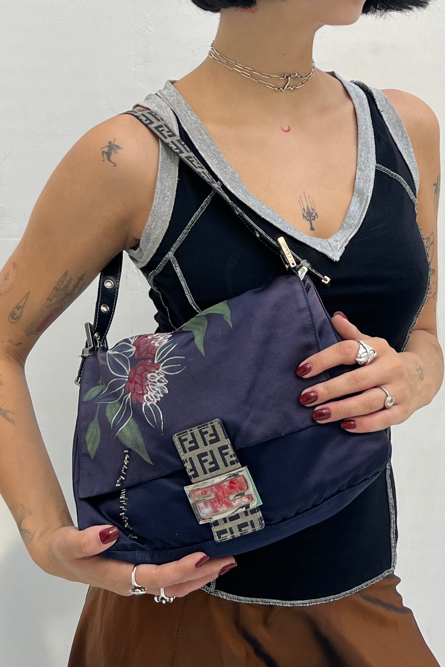 Vintage Navy Satin Floral & Beads Mama Baguette