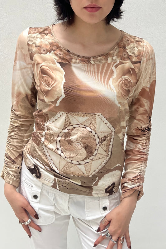 Vintage Beige Rose Print Longsleeve