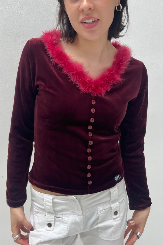 Vintage Burgundy Velvet Feather Collar Cardigan
