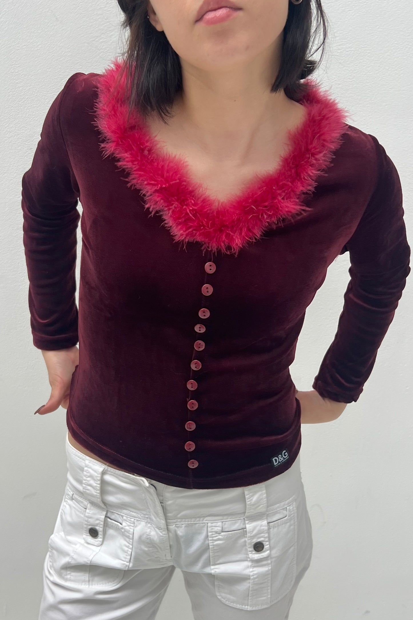 Vintage Burgundy Velvet Feather Collar Cardigan