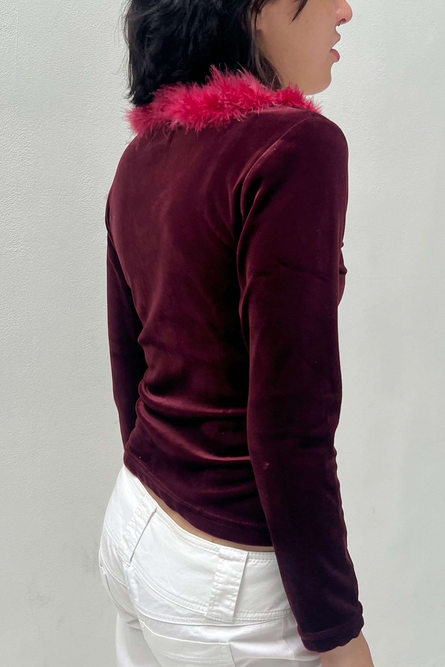 Vintage Burgundy Velvet Feather Collar Cardigan