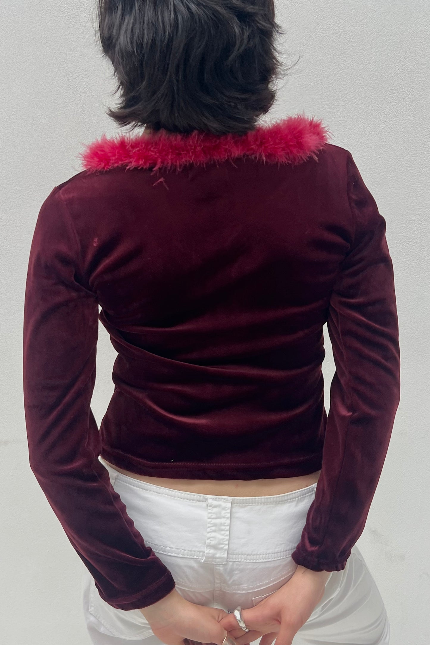 Vintage Burgundy Velvet Feather Collar Cardigan