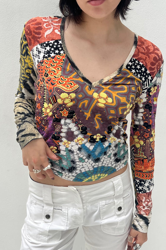 Vintage Fantasy Jewel & Tiger V-Neck Longsleeve