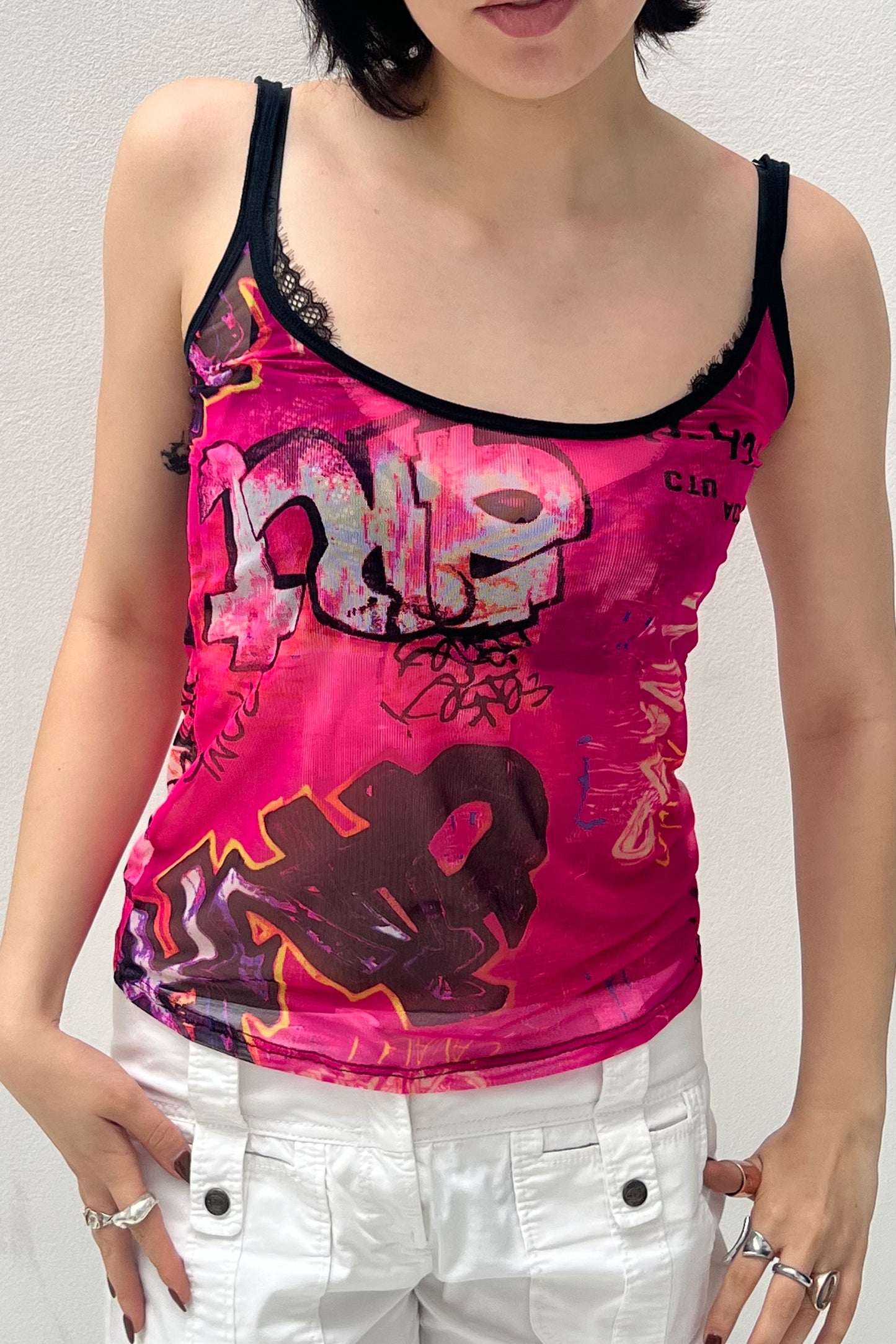 Vintage Neon Pink Grafitti Mesh Cami Top