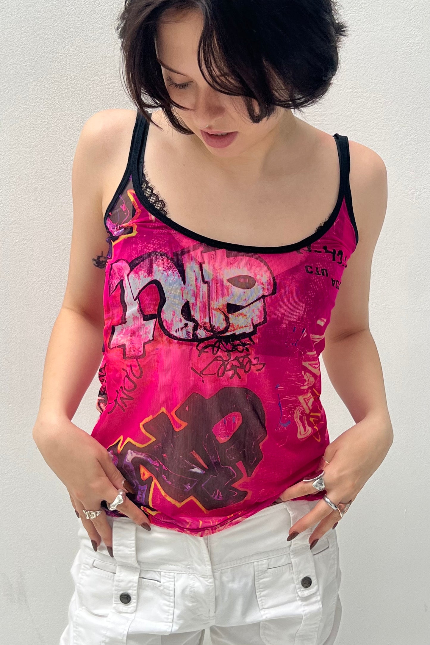 Vintage Neon Pink Grafitti Mesh Cami Top