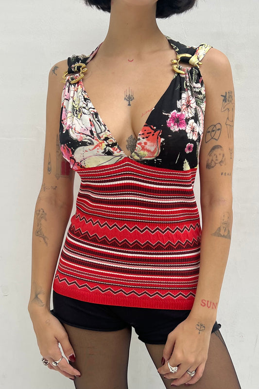 Vintage Golden Turtle Detail Floral & Red Knit Top