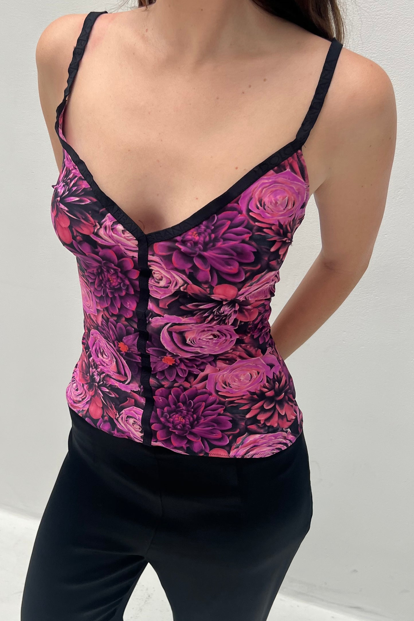 Vintage Fuschia Floral & Black Details Cami Top