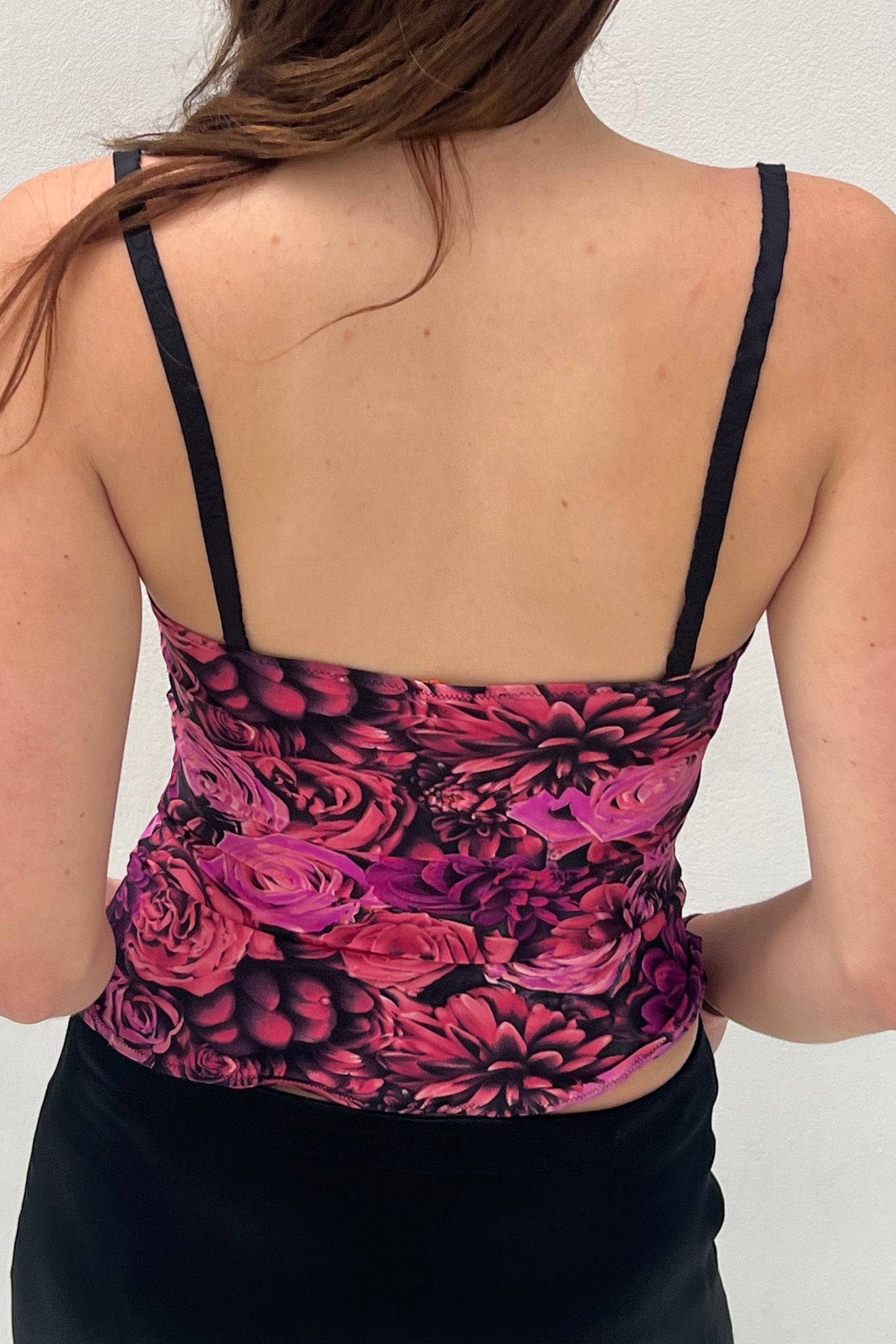 Vintage Fuschia Floral & Black Details Cami Top