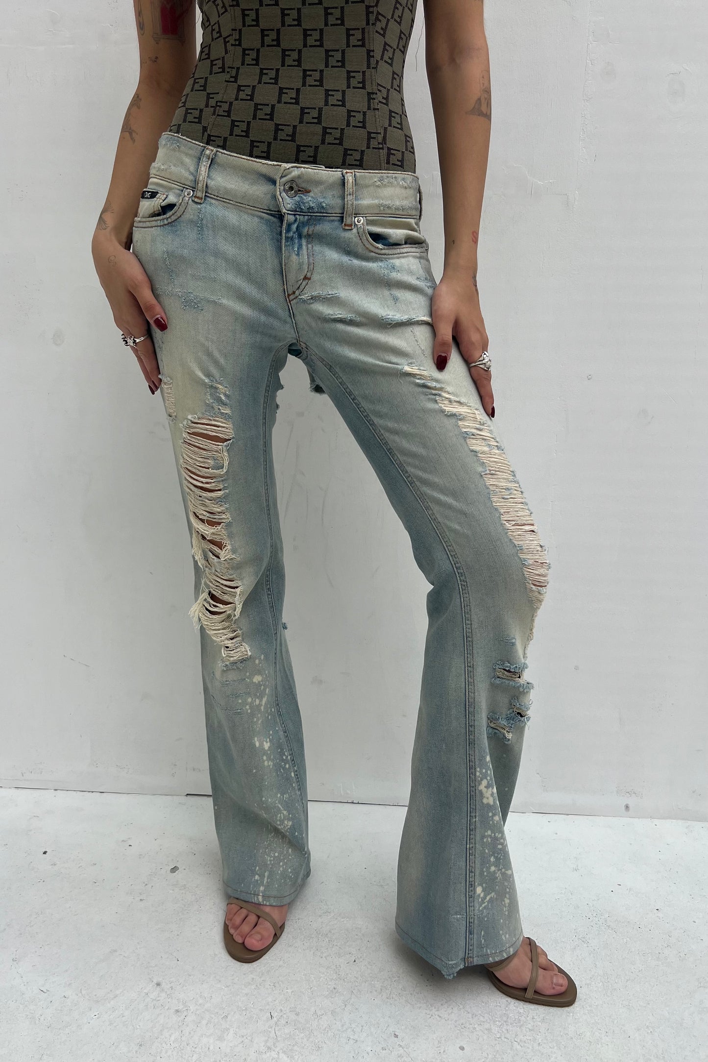 Vintage Distressed Denim Flare Pants