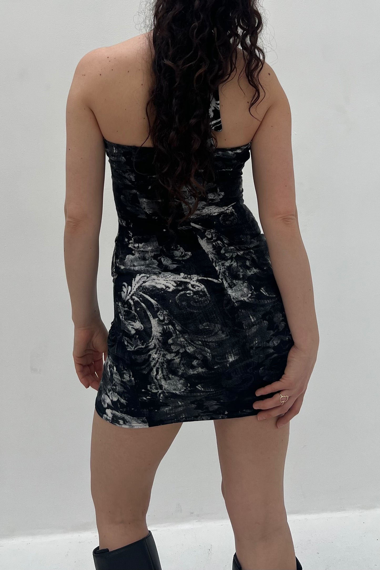 Vintage Black & White Printed Balloon Halter Dress