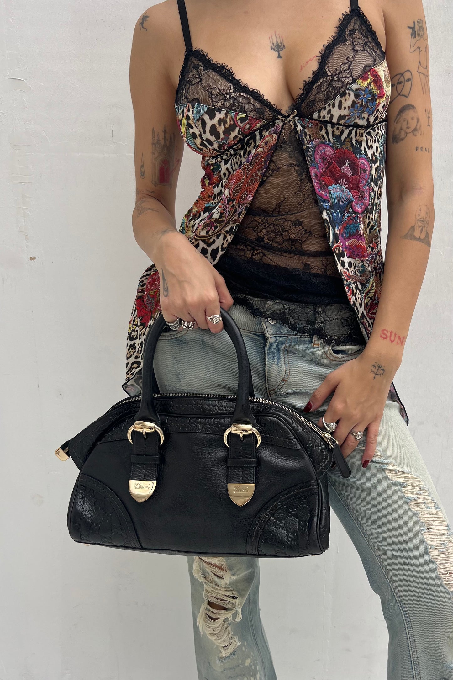 Vintage Black Leather Guccisima & Golden Hardware Handbag