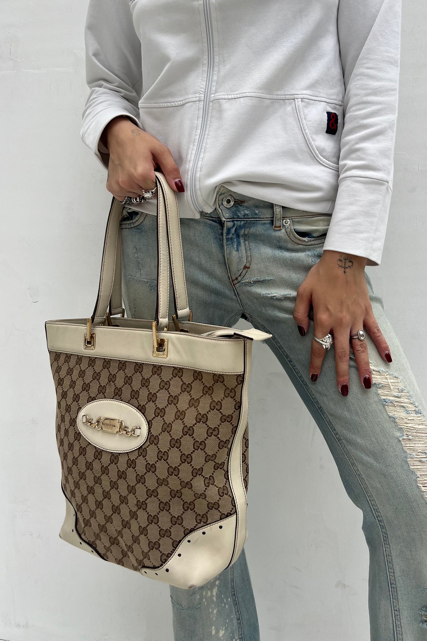 Vintage Cream Leather & Classic Mono Tote Bag