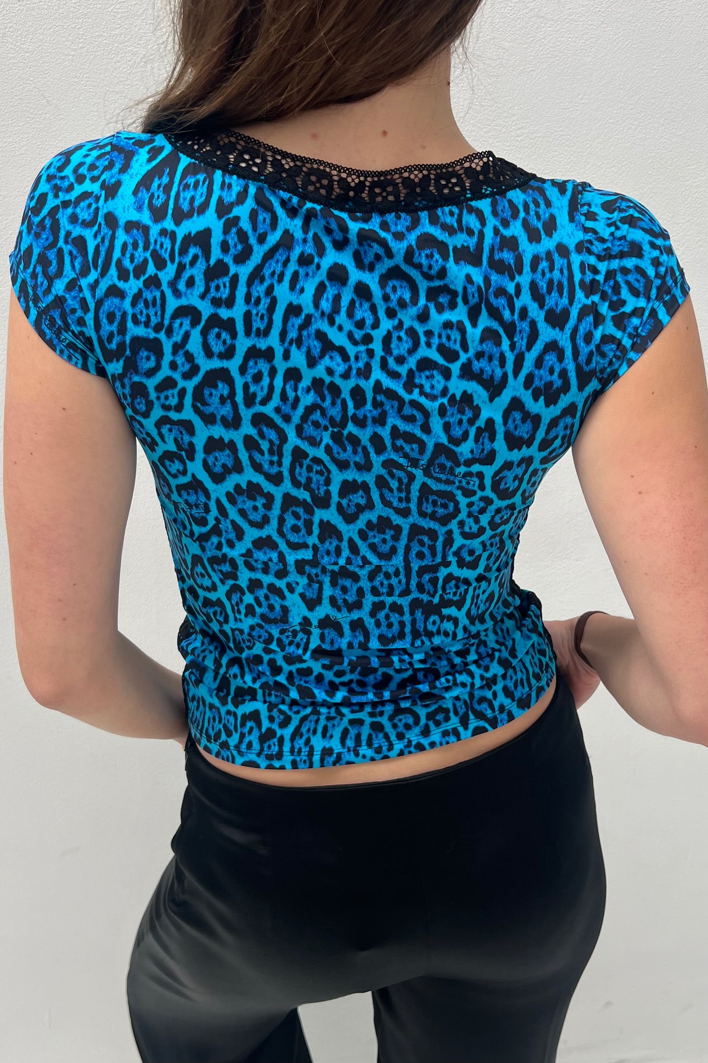 Vintage Blue Leopard & Black Lace Details Top