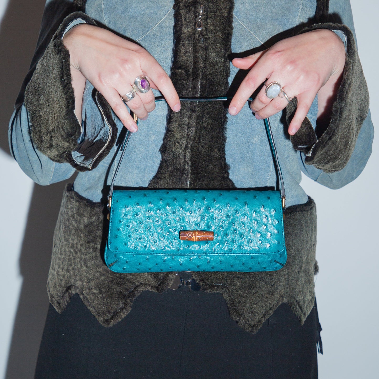 Vintage Gucci Teal Oistrich Bamboo Clasp Pochette
