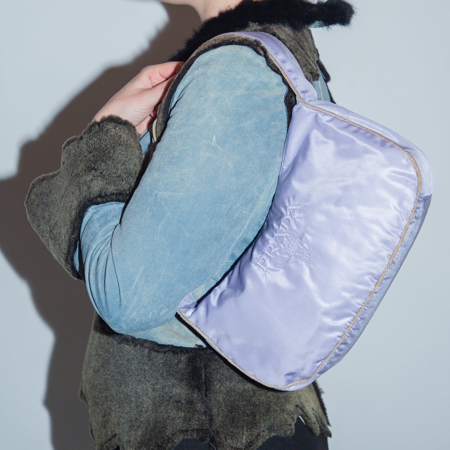 Vintage Prada Lilac Tessuto Embroidered Logo Shoulder Bag