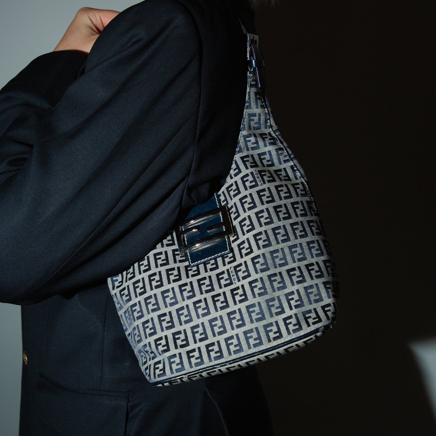 Vintage Fendi Navy Zucca Bucket Bag