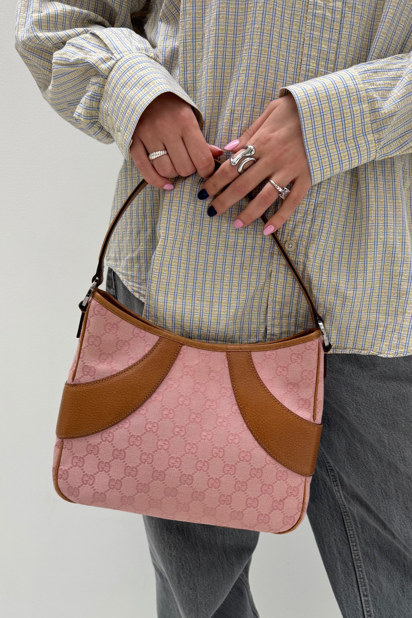 Vintage Pink Monogram & Tan Leather Shoulder Bag