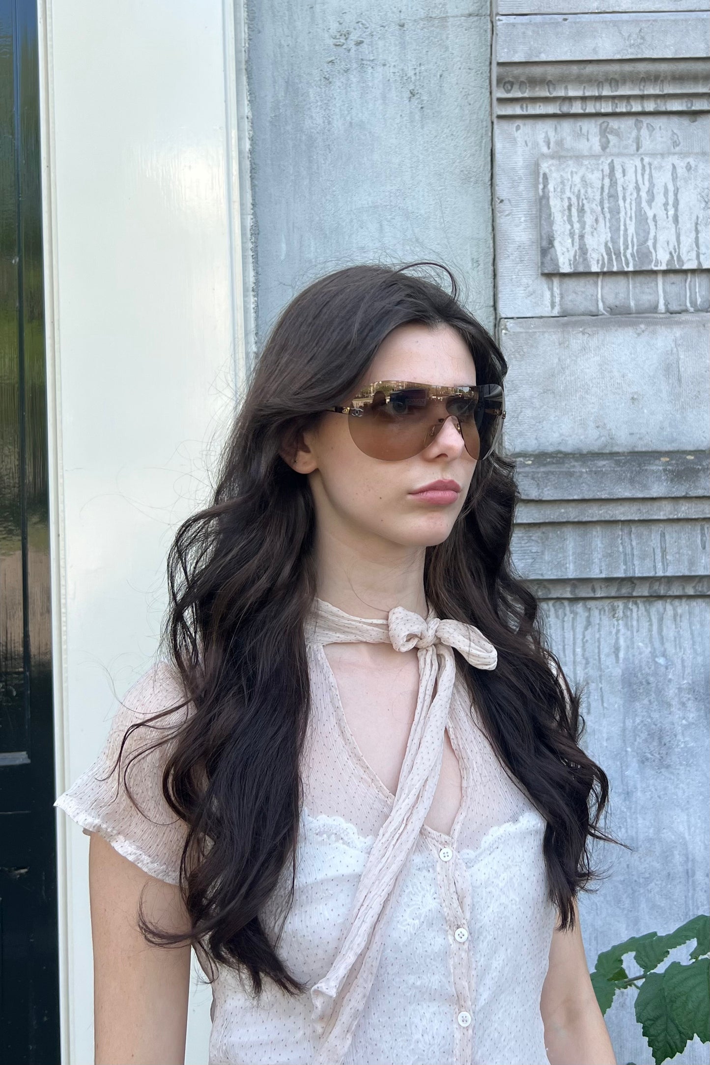 Vintage Brown & Leather Detail Arms Mask Sunglasses