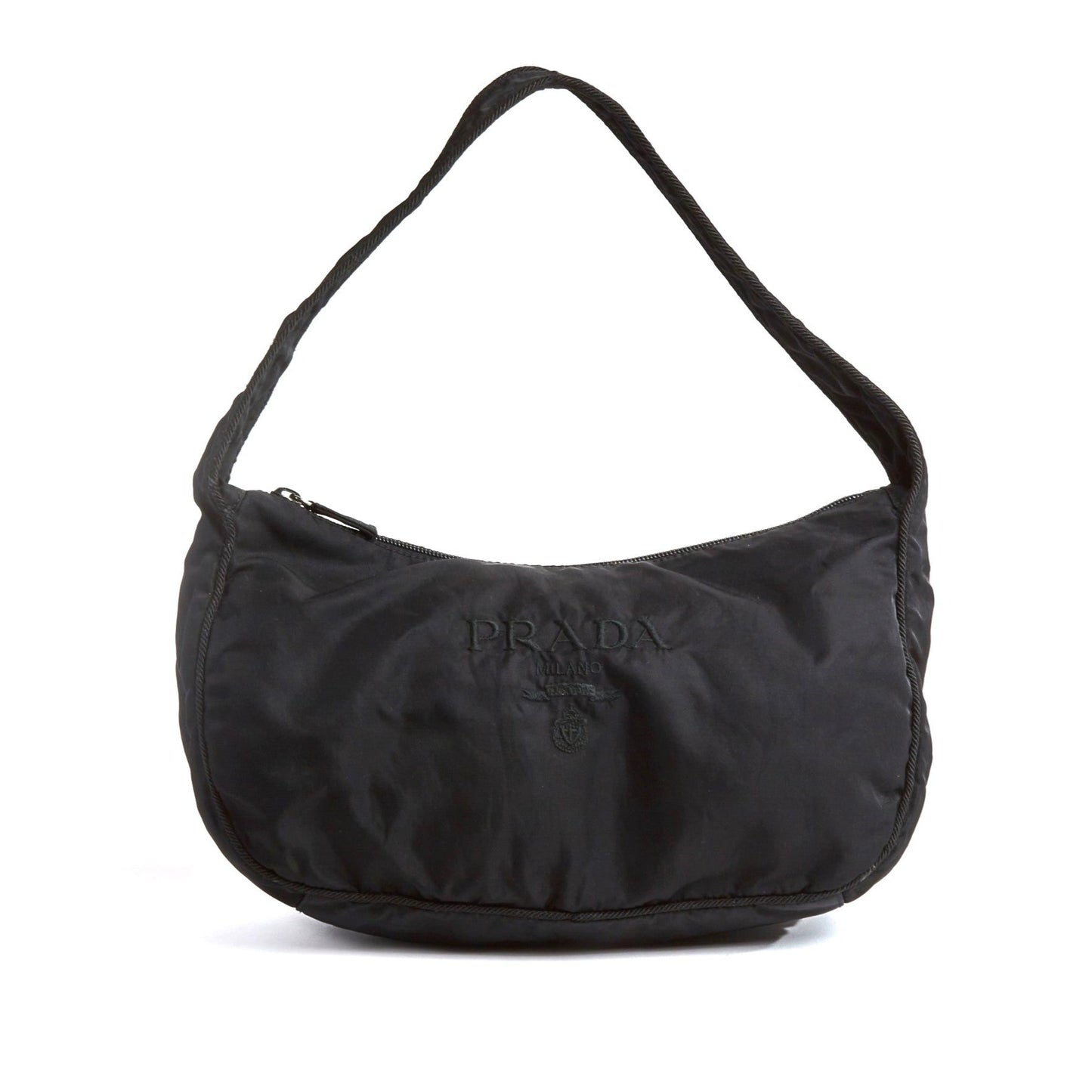 Vintage Prada Black Tessuto Embroidered Logo Shoulder Bag
