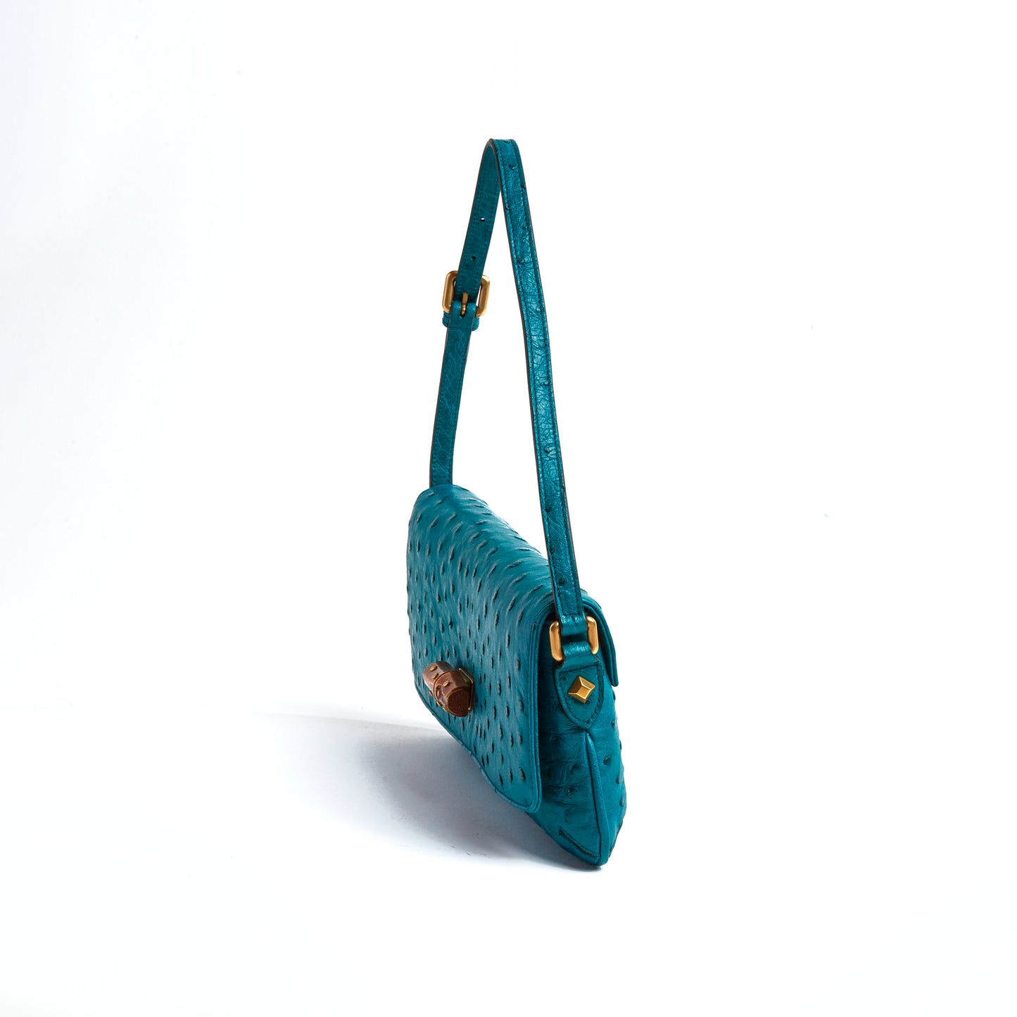 Vintage Gucci Teal Ostrich Bamboo Clasp Pochette