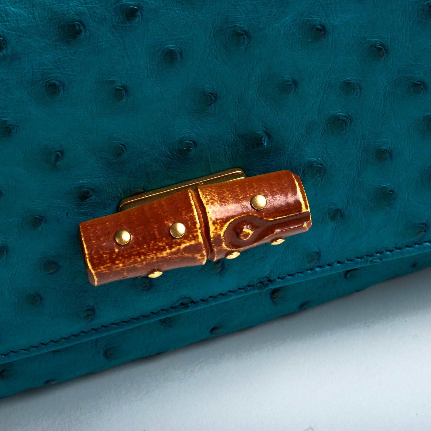 Vintage Gucci Teal Ostrich Bamboo Clasp Pochette