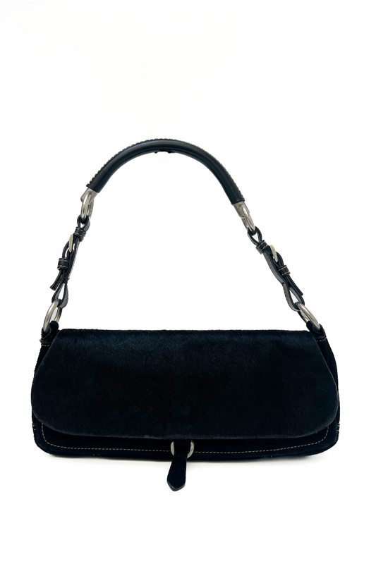 Vintage Black Calfskin & Suede Shoulder Bag