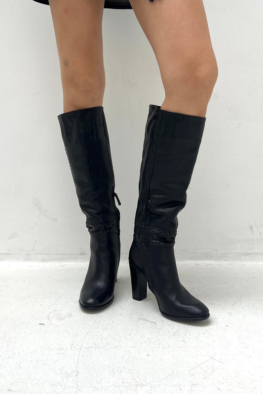 Vintage Black High Leather Stitch Detail Boots 39 -
