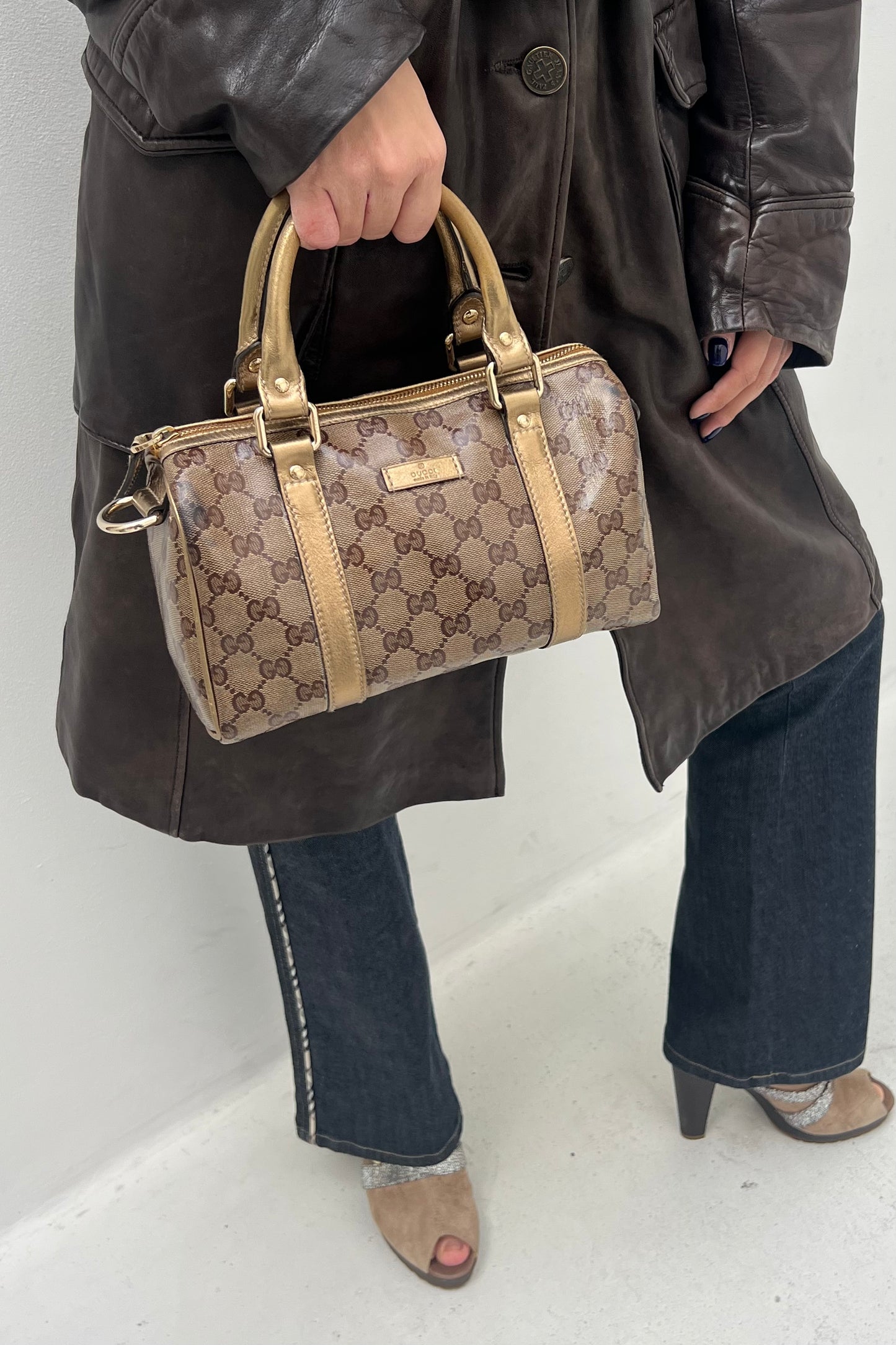 Vintage Coated Mono & Golden Leather Mini Boston Handbag