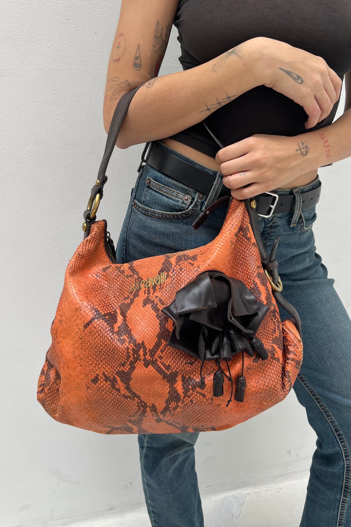 Vintage Orange Snake & Floral Shoulder Bag
