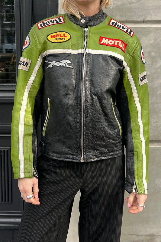 Vintage Motul Jaguar Green & Black Leather Jacket