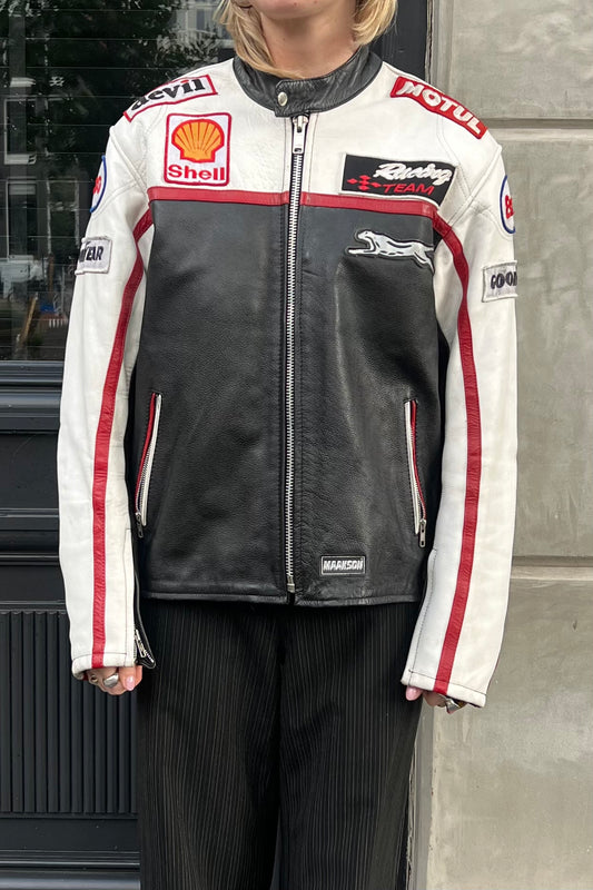 Vintage Motul Jaguar White & Black Leather Jacket