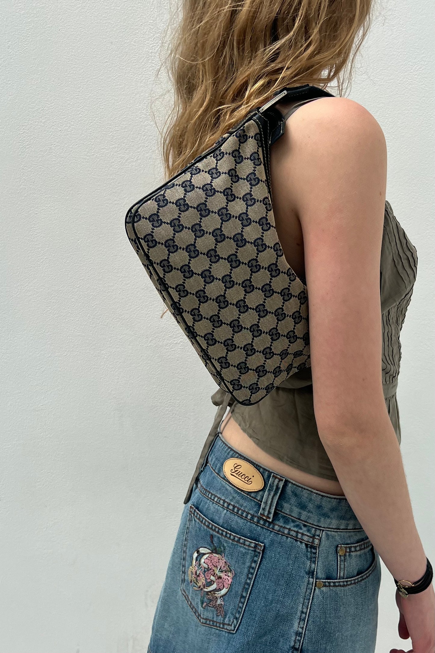 Vintage Navy Monogram & Red Detail Pop Hobo Bag