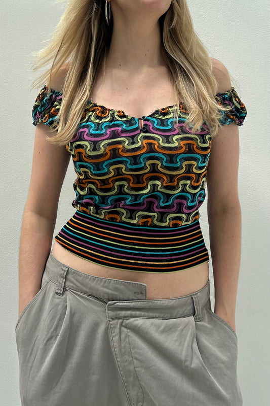 Vintage Wavy Striped Off Shoulder Top