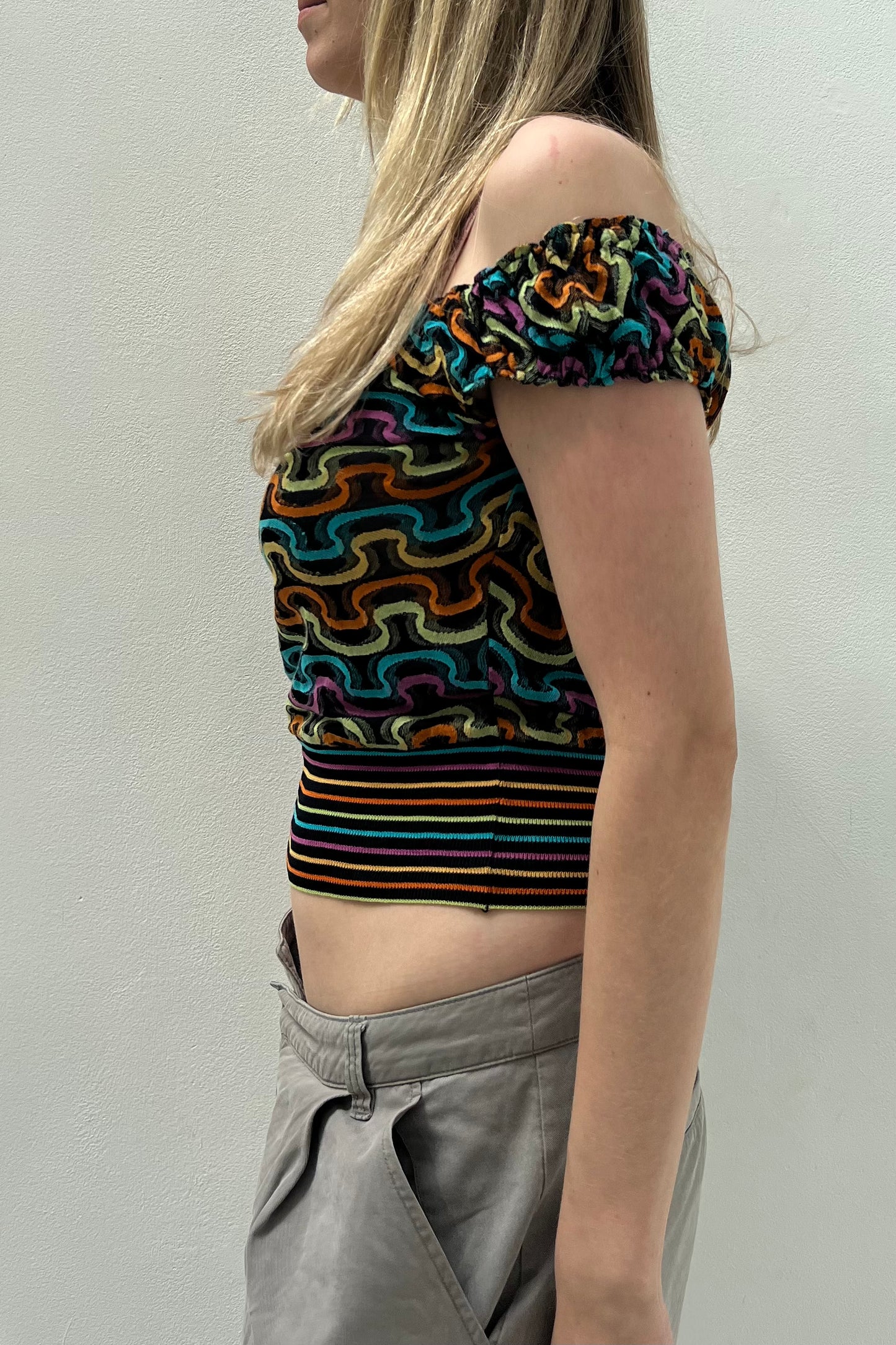 Vintage Wavy Striped Off Shoulder Top