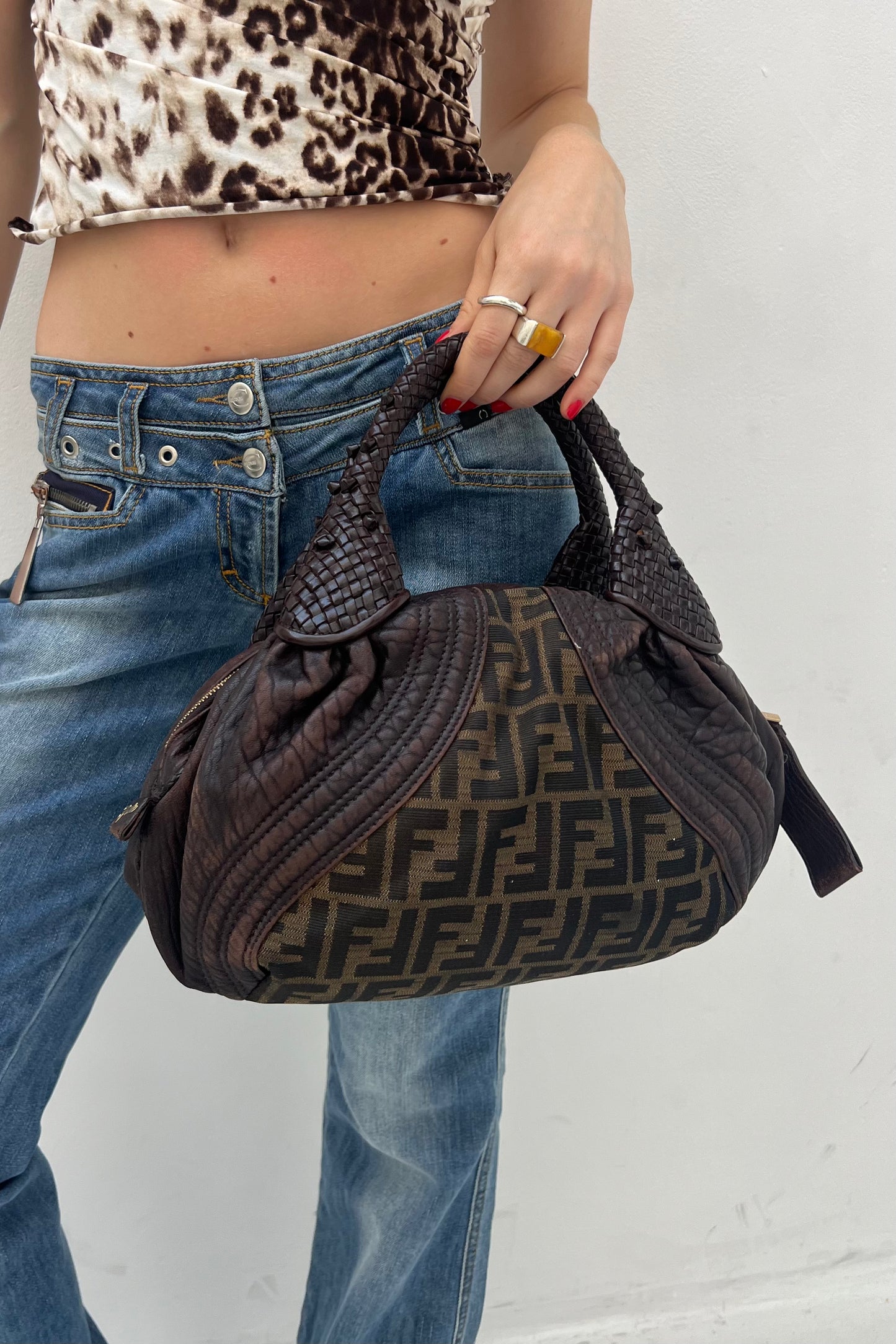 Vintage Classic Zucca & Chocolate Woven Handles Handbag