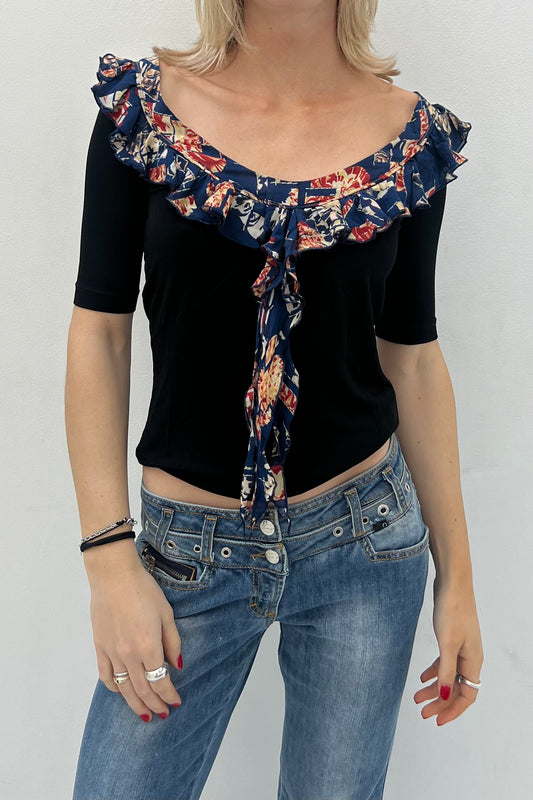 Vintage Black & Blue Fantasy Ruffle Top