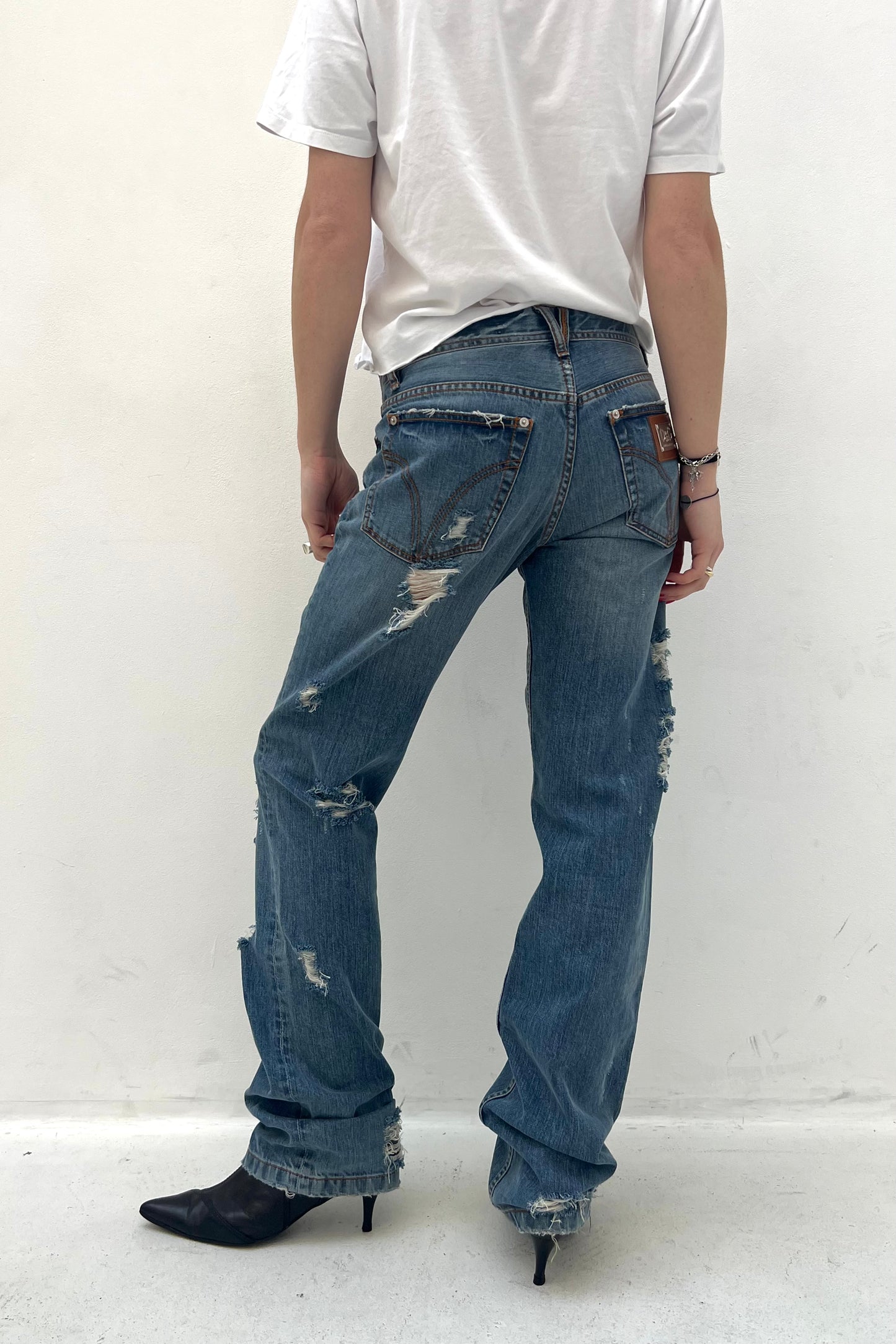 Vintage Denim Distressed Pocket Patch Pants