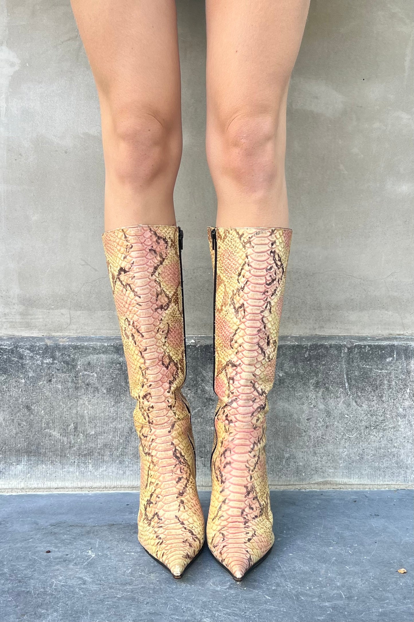 Vintage Python Pink & Yellow Melange Pointy Toe Boots 40