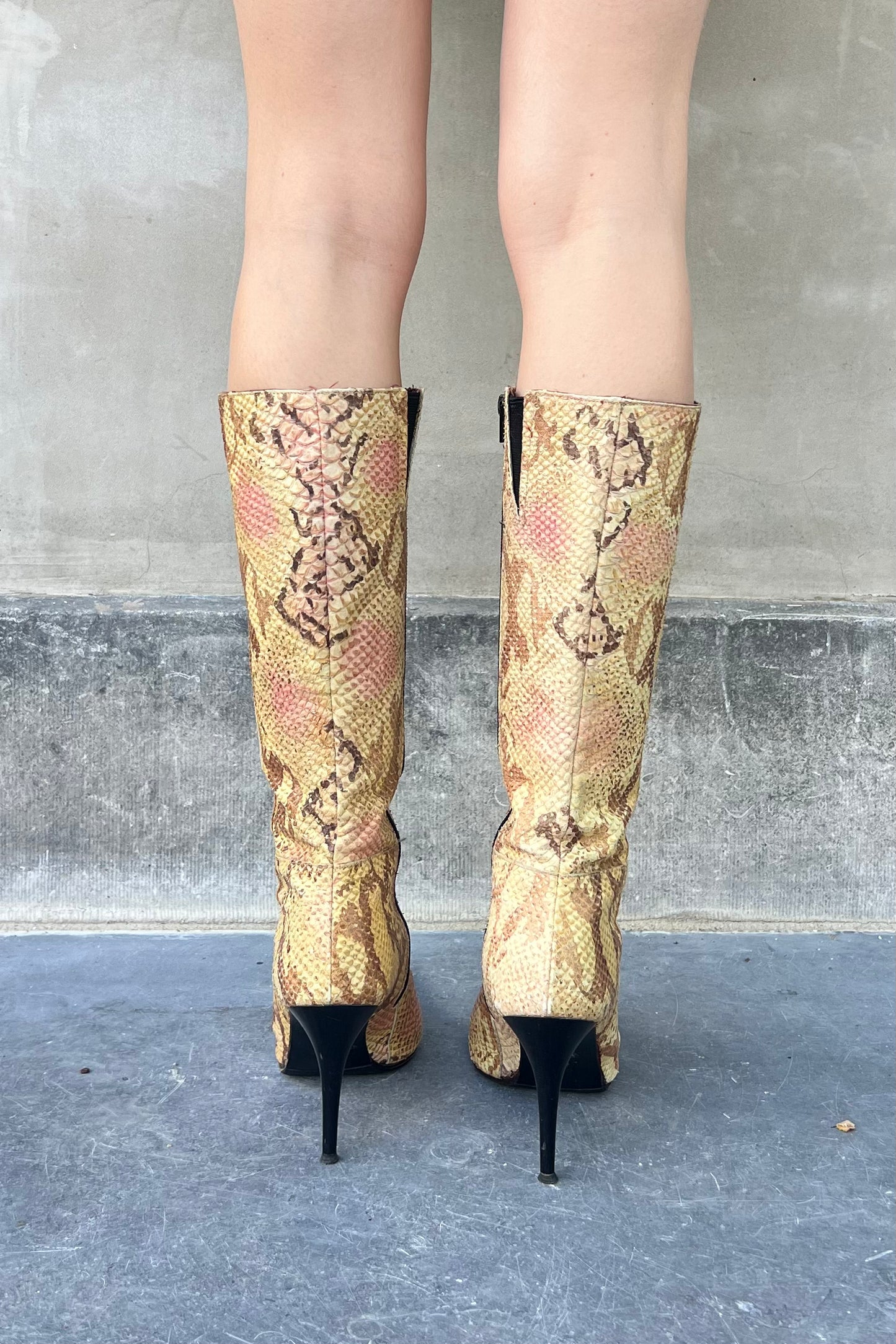 Vintage Python Pink & Yellow Melange Pointy Toe Boots 40