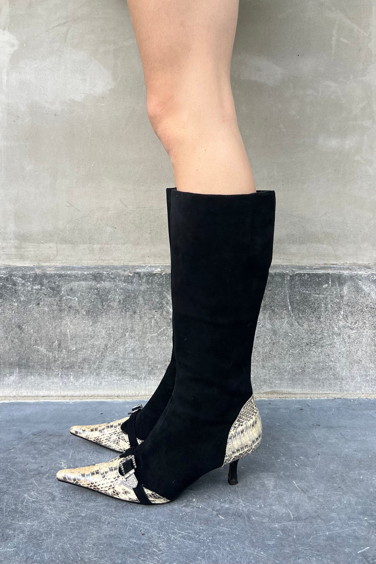 Vintage Black Suede & Cream Detail Boots 39