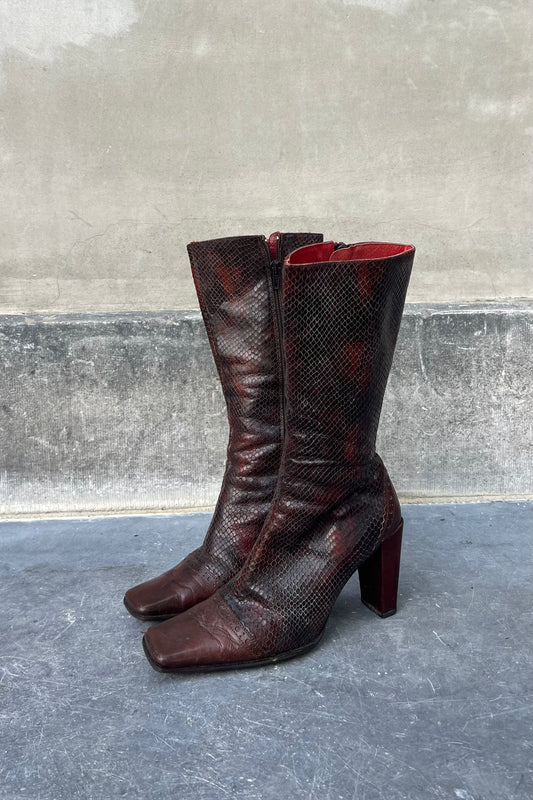 Vintage Brown Leather Snake Boots 37