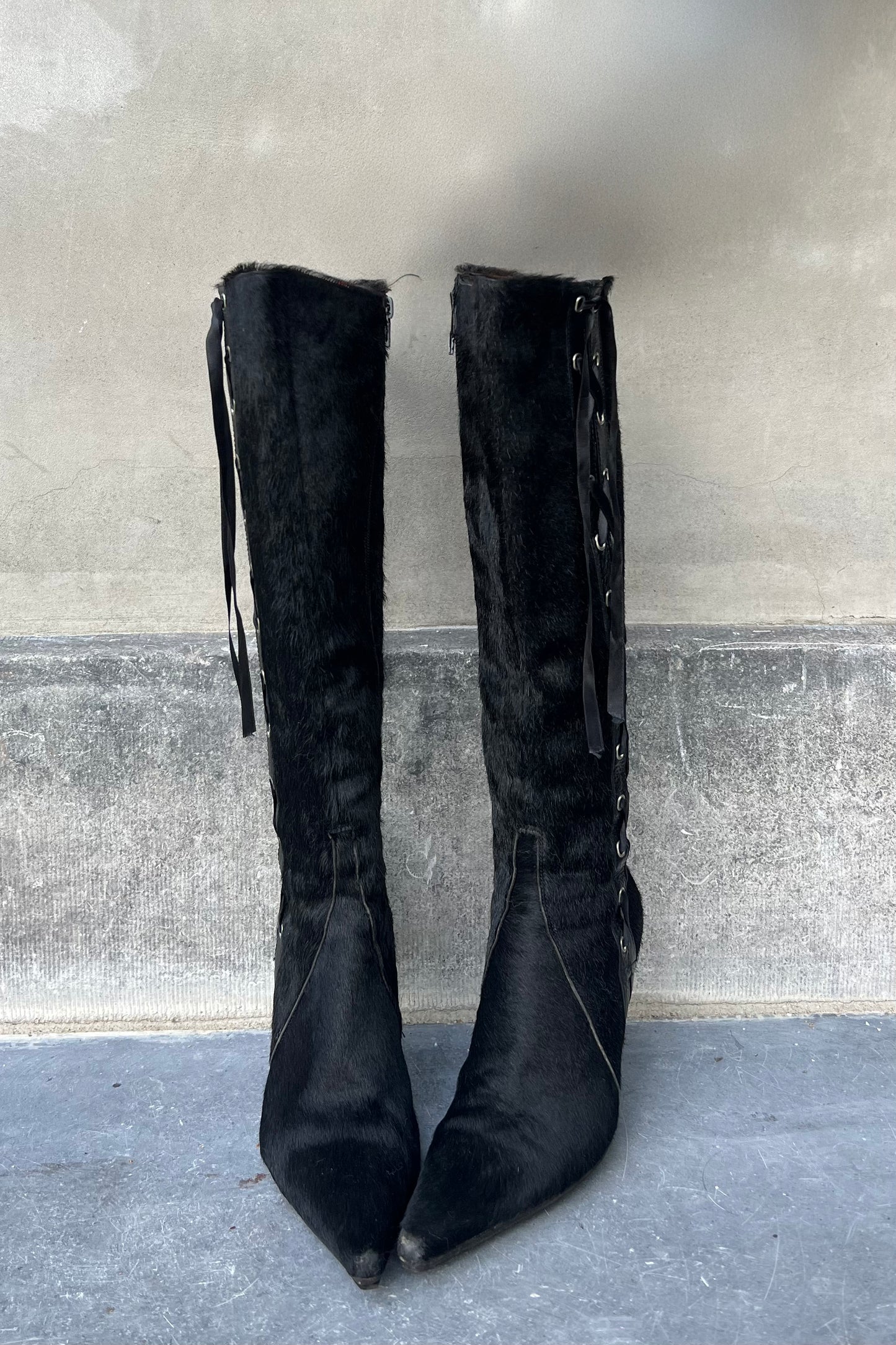 Vintage Black Pony Hair Corset Boots 36